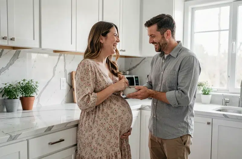 Partenaire aidant sa compagne enceinte à préparer un repas dans une cuisine moderne, moment de complicité quotidienne pendant la grossesse