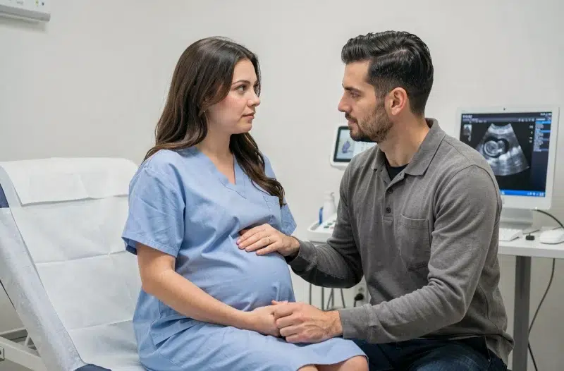 Couple lors d'une échographie prénatale, le partenaire tenant la main de la femme enceinte pendant la consultation médicale