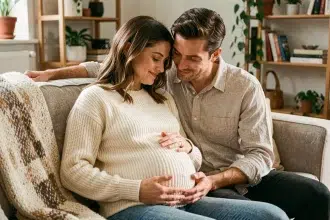 Couple attendant un bébé partageant un moment complice sur le canapé, le partenaire posant la main sur le ventre de la femme enceinte