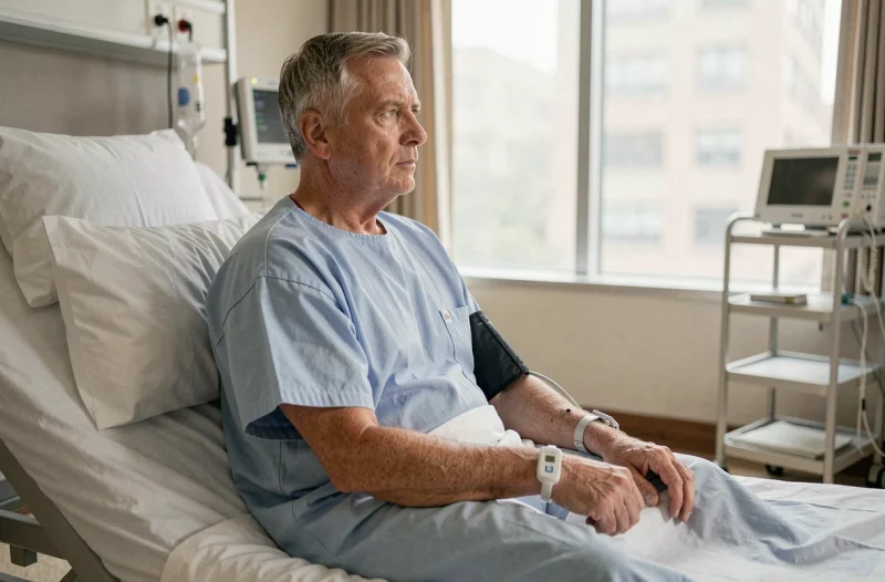 Patient en convalescence après pose de stent dans une chambre d'hôpital, illustrant les risques du tabac et du cholestérol sur la santé cardiaque