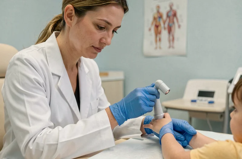 Pédiatre examinant l'ongle d'un enfant avec un dermatoscope dans un cabinet médical
