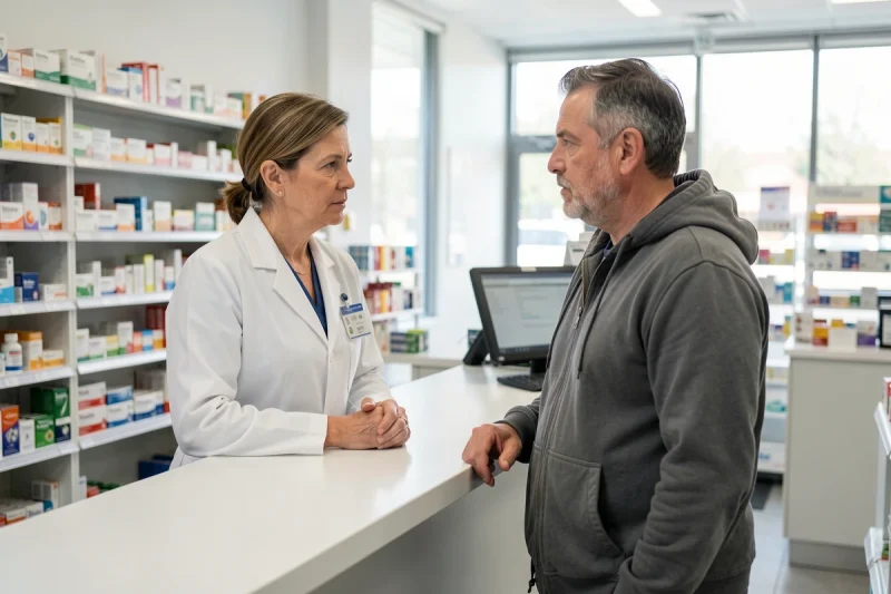 Pharmacienne conseillant un patient adulte sur les solutions d'urgence en cas de constipation sévère avec selles bloquées