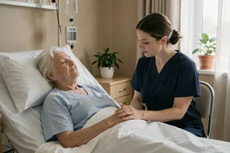 Infirmière tenant la main d'une patiente âgée en phase terminale dans une chambre d'unité de soins palliatifs