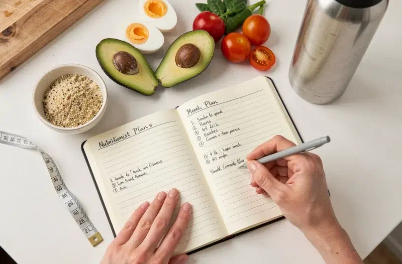 Plan de repas nutritionnel manuscrit entouré d'aliments sains pour sportifs, vu de dessus sur un plan de travail blanc