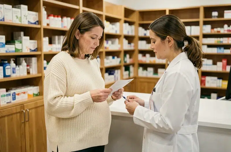 Femme enceinte consultant une pharmacienne pour sa prescription prénatale dans une pharmacie moderne