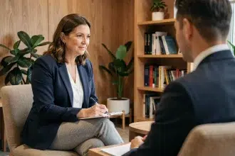 Psychologue du travail en séance de consultation individuelle avec un employé dans un cabinet professionnel moderne