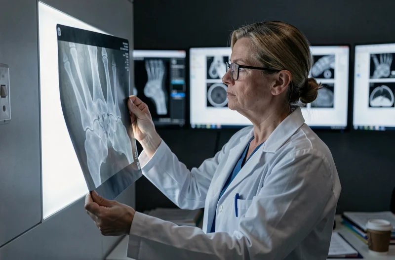 Radiologue analysant une radiographie du pied montrant un éperon calcanéen à l'arrière du talon