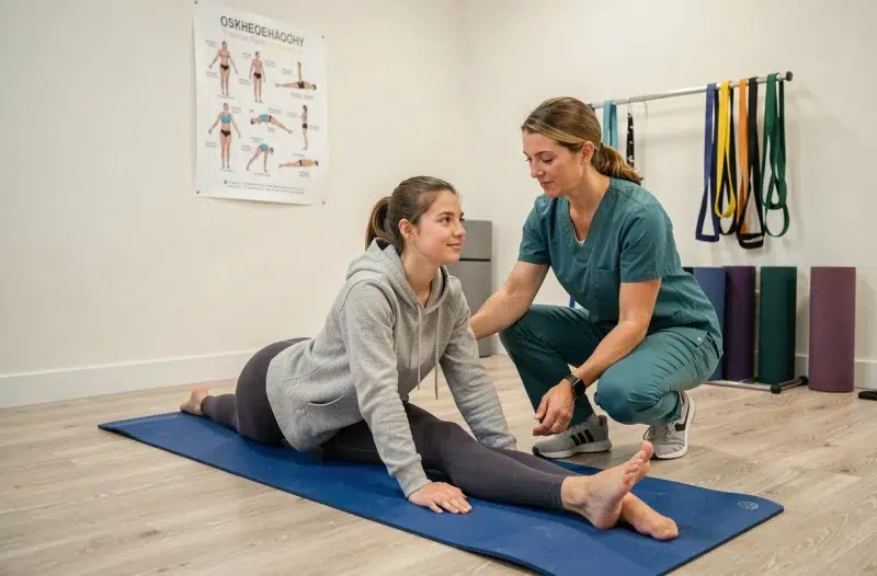 Patiente réalisant des exercices de rééducation dorsale guidés par une ostéopathe dans un studio de kinésithérapie