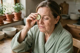 Femme fatiguée appliquant des rondelles de concombre sur ses yeux fermés, remède de grand-mère pour soulager les yeux fatigués