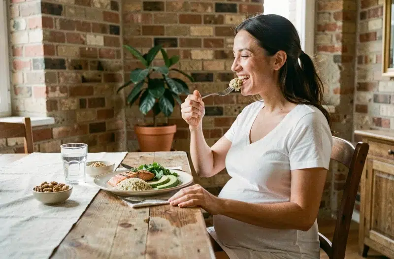 Femme enceinte savourant un repas méditerranéen équilibré avec du saumon, du quinoa et des légumes verts