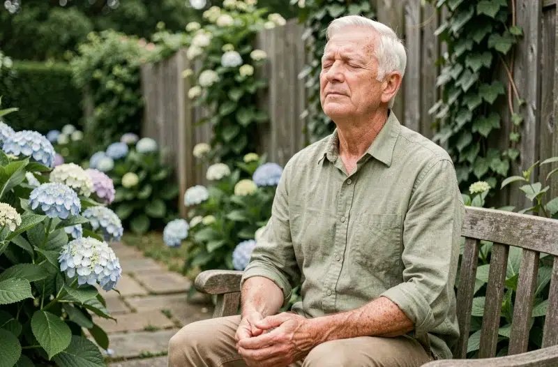 Homme retraité pratiquant des exercices de respiration dans un jardin fleuri pour réduire le stress