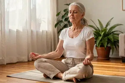 Femme retraitée pratiquant la méditation assise sur un tapis de yoga dans un salon chaleureux pour gérer le stress