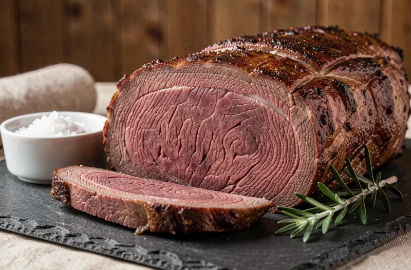 Gros plan de tranches de rôti de bœuf maigre cuit sur une ardoise avec du sel de mer et du romarin, révélant une texture musculaire dense et sans gras