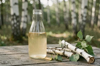 Bouteille de sève de bouleau posée sur bois avec rameaux de bouleau en forêt