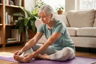 Femme senior pratiquant un étirement doux sur un tapis de yoga dans son salon, illustrant la mobilité par l'activité physique douce