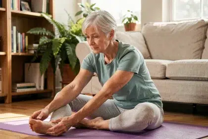 Femme senior pratiquant un étirement doux sur un tapis de yoga dans son salon, illustrant la mobilité par l'activité physique douce