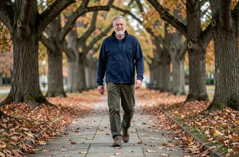 Homme senior marchant activement dans un parc en automne pour améliorer sa mobilité quotidienne grâce à l'exercice doux