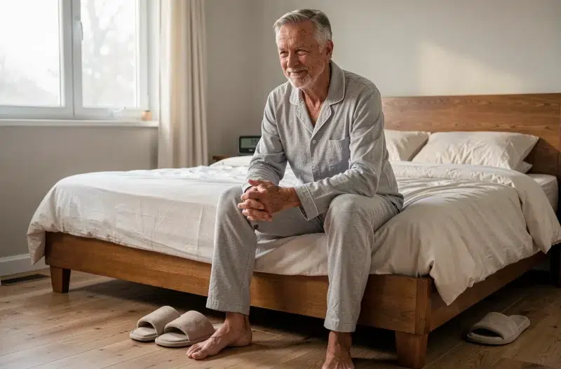 Homme senior bien reposé assis au bord du lit le matin, symbolisant les bénéfices du sommeil de qualité sur l'autonomie des personnes âgées