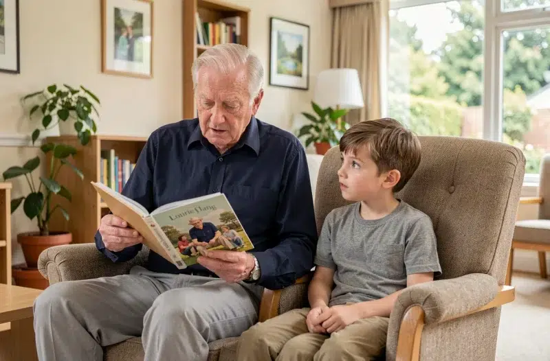 Un homme âgé lit un livre illustré à un jeune garçon dans le salon d'une maison de retraite, symbolisant le lien intergénérationnel et le bien-être émotionnel des aînés