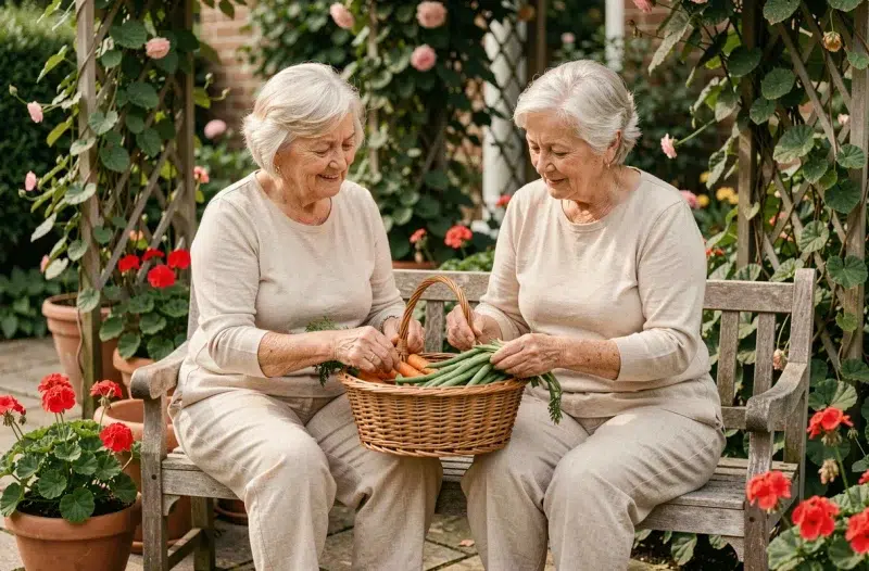Deux femmes seniors triant des légumes du jardin, jardinage comme activité de motricité et de lien social après 70 ans