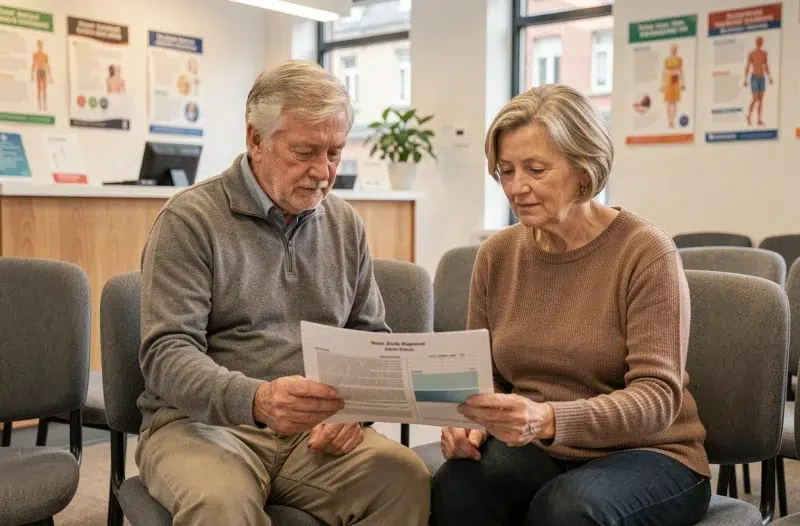 Deux seniors consultant ensemble un bilan de santé dans la salle d'attente d'une clinique médicale