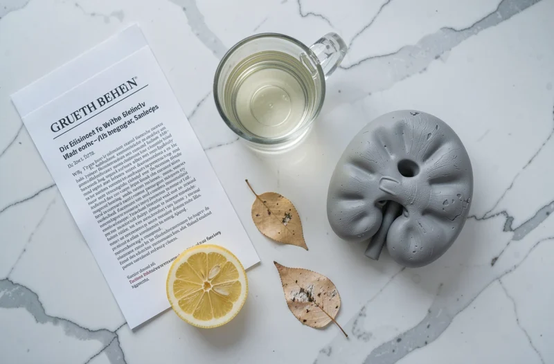 Composition flat lay avec sève de bouleau, modèle de rein et article scientifique sur la santé