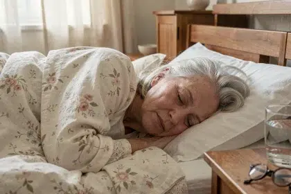 Femme senior dormant paisiblement dans sa chambre sous une couette en coton, illustrant l'importance du sommeil réparateur pour les personnes âgées