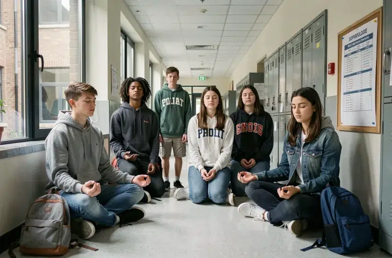 Lycéens pratiquant des exercices de sophrologie dans un couloir d'établissement scolaire