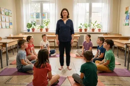 Sophrologue animant une séance de respiration avec des élèves en école primaire assis en cercle sur des tapis de yoga