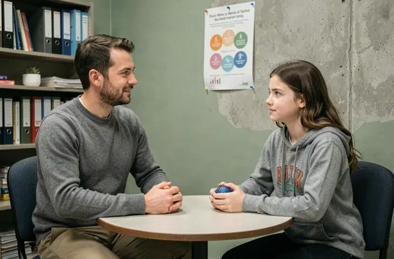 Sophrologue en entretien individuel avec une adolescente dans un bureau de conseiller scolaire