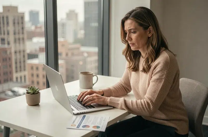 Employée ressentant du stress au travail devant son bureau, illustrant l'importance du soutien psychologique en milieu professionnel