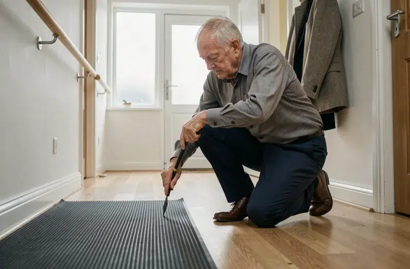 Senior fixant un tapis antidérapant dans un couloir pour sécuriser le domicile contre les chutes