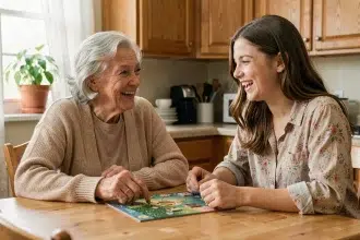 Une grand-mère et sa petite-fille jouent à un jeu de société ensemble dans une cuisine chaleureuse, illustrant le bien-être émotionnel lors des visites intergénérationnelles