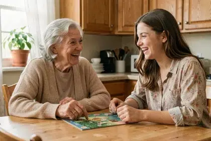 Une grand-mère et sa petite-fille jouent à un jeu de société ensemble dans une cuisine chaleureuse, illustrant le bien-être émotionnel lors des visites intergénérationnelles