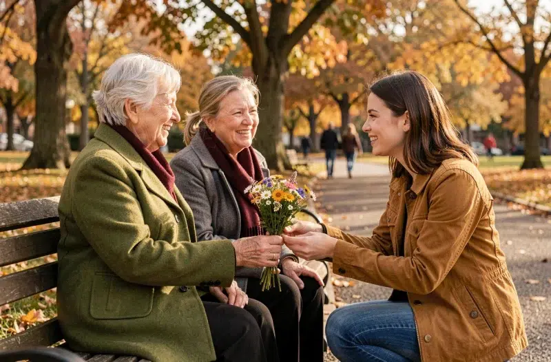 Deux femmes âgées sur un banc de parc reçoivent un bouquet de fleurs d'une jeune femme, illustrant les visites intergénérationnelles et leur impact positif sur le bien-être émotionnel des seniors