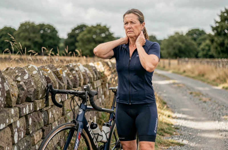 Cycliste féminine faisant une pause sur une route de campagne, massant sa nuque en raison de douleurs liées à un rétrécissement foraminal cervical C5-C6