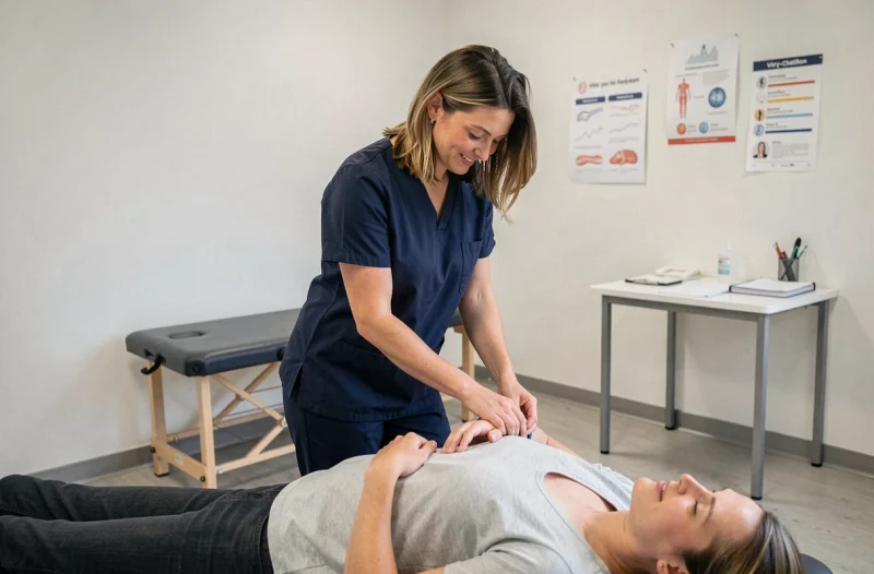 Kinésithérapeute Cynthia Raynaud évaluant le genou d'un patient à Viry-Châtillon