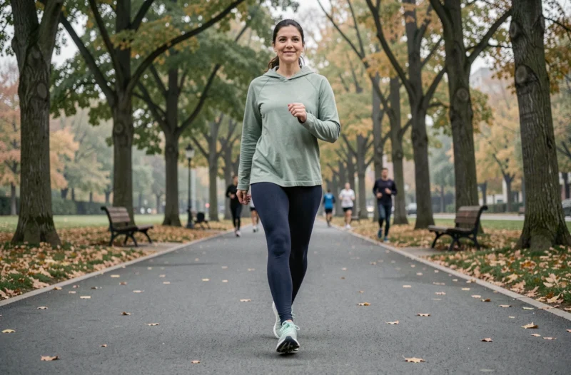 Femme reprenant la marche sur un chemin de parc avec des semelles orthopédiques pour soulager l'épine calcanéenne
