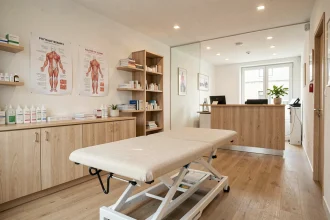 Salle de kinésithérapie moderne en Essonne avec table de traitement réglable et équipements professionnels