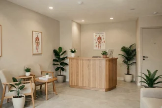 Cabinet d'ostéopathie moderne et accueillant dans les Yvelines, avec bureau d'accueil, plantes vertes et affiches anatomiques