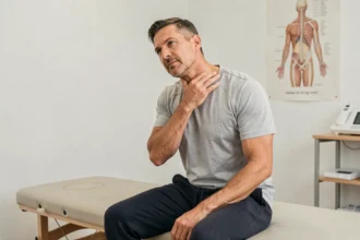 Homme d'âge mûr consultant pour un rétrécissement foraminal C5-C6 dans un cabinet de physiothérapie moderne, tenant sa nuque avec une expression concentrée