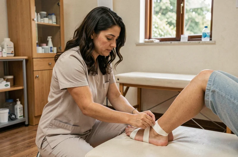Kinésithérapeute Sandrina Lebre appliquant un bandage thérapeutique à Tigery