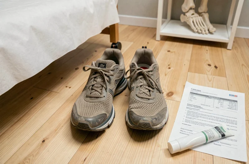 Semelle orthopédique pour épine calcanéenne posée dans une chaussure de sport avec ordonnance médicale en cabinet de kinésithérapie
