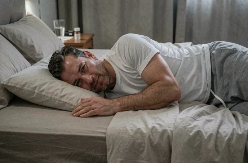 Homme en difficulté pour trouver une position de sommeil confortable à cause d'un rétrécissement foraminal C5-C6, allongé sur un oreiller orthopédique dans une chambre sobre