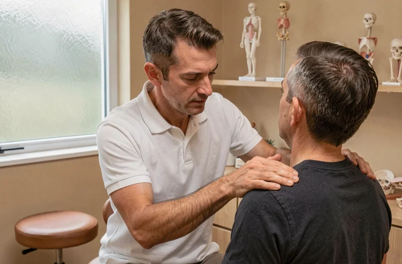 Stéphane Touvenot, ostéopathe dans les Yvelines, examinant l'épaule d'un patient assis lors d'une consultation