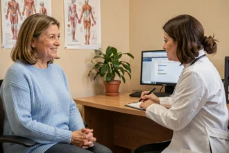 Femme d'une cinquantaine d'années en consultation médicale avec son médecin généraliste pour parler d'un complément alimentaire pour la santé urinaire