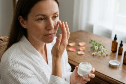Femme appliquant une crème naturelle contour des yeux avec des ingrédients botaniques sur une coiffeuse en bois