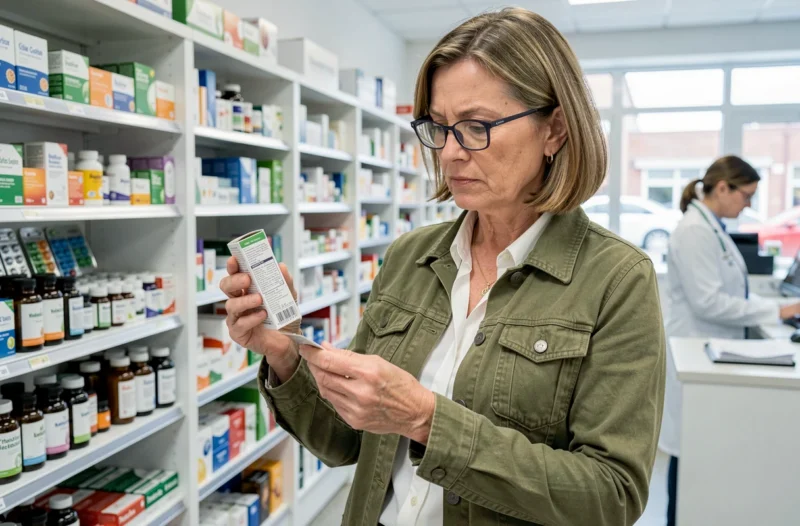 Femme mature en pharmacie lisant attentivement l'étiquette d'un complément alimentaire pour la santé vésicale avant achat
