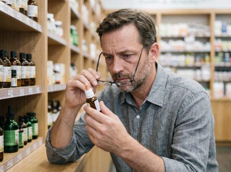 Homme lisant l'étiquette d'un produit naturel pour les yeux dans une pharmacie ou boutique bien-être