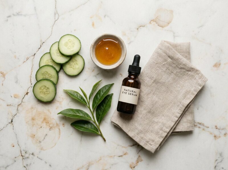 Vue aérienne d'ingrédients naturels pour les soins des yeux sur marbre blanc, concombre, miel et sérum botanique